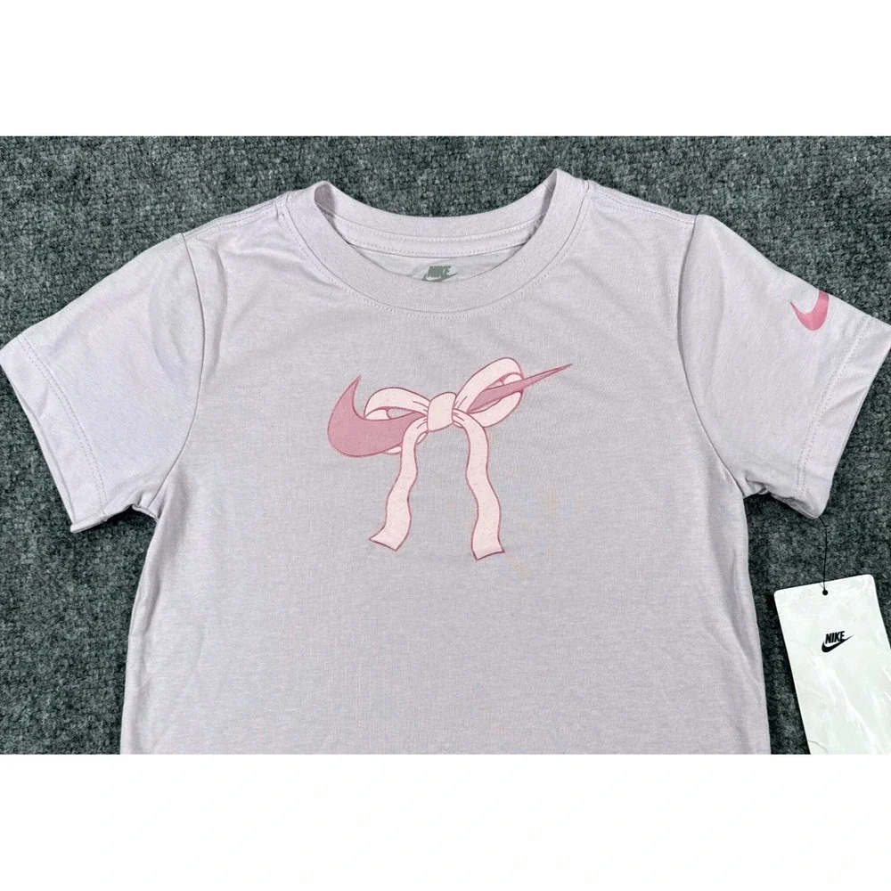Nike Girls Size 6 Lavender Pink Bow Swoosh Graphic T-Shirt NWT